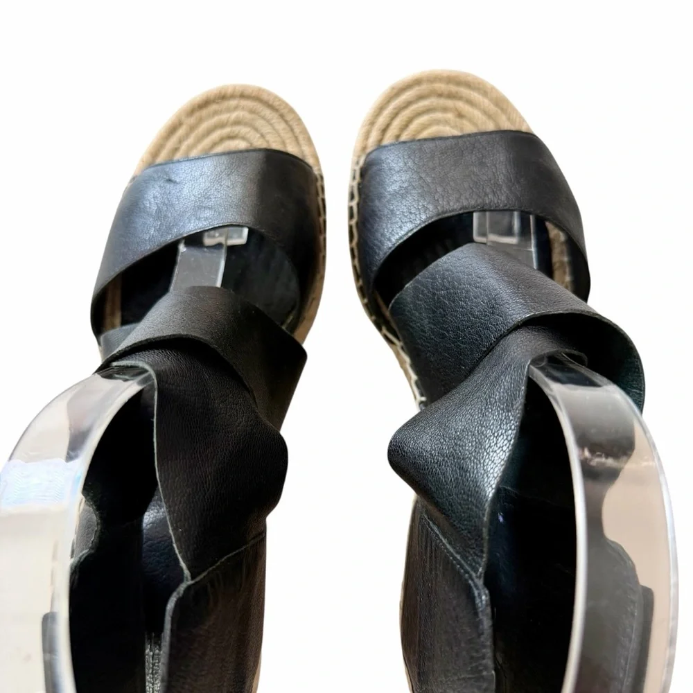 Eileen Fisher Willow Black Wedge Espadrille Platform Leather Sandals Size 8